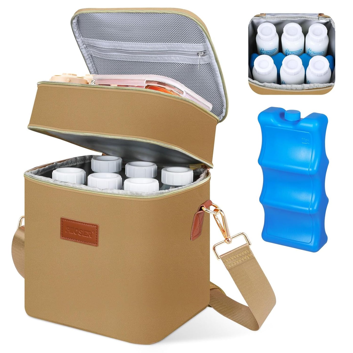PIIOSER Breastmilk Cooler Bag with Ice Pack Fits 6 Baby Bottles Up to 9 Ounce, Insulated Baby Bottle Tote Bags, Double Layer Waterproof Leak-Proof with Shoulder Strap for Nursing & Working Mom (Brown)