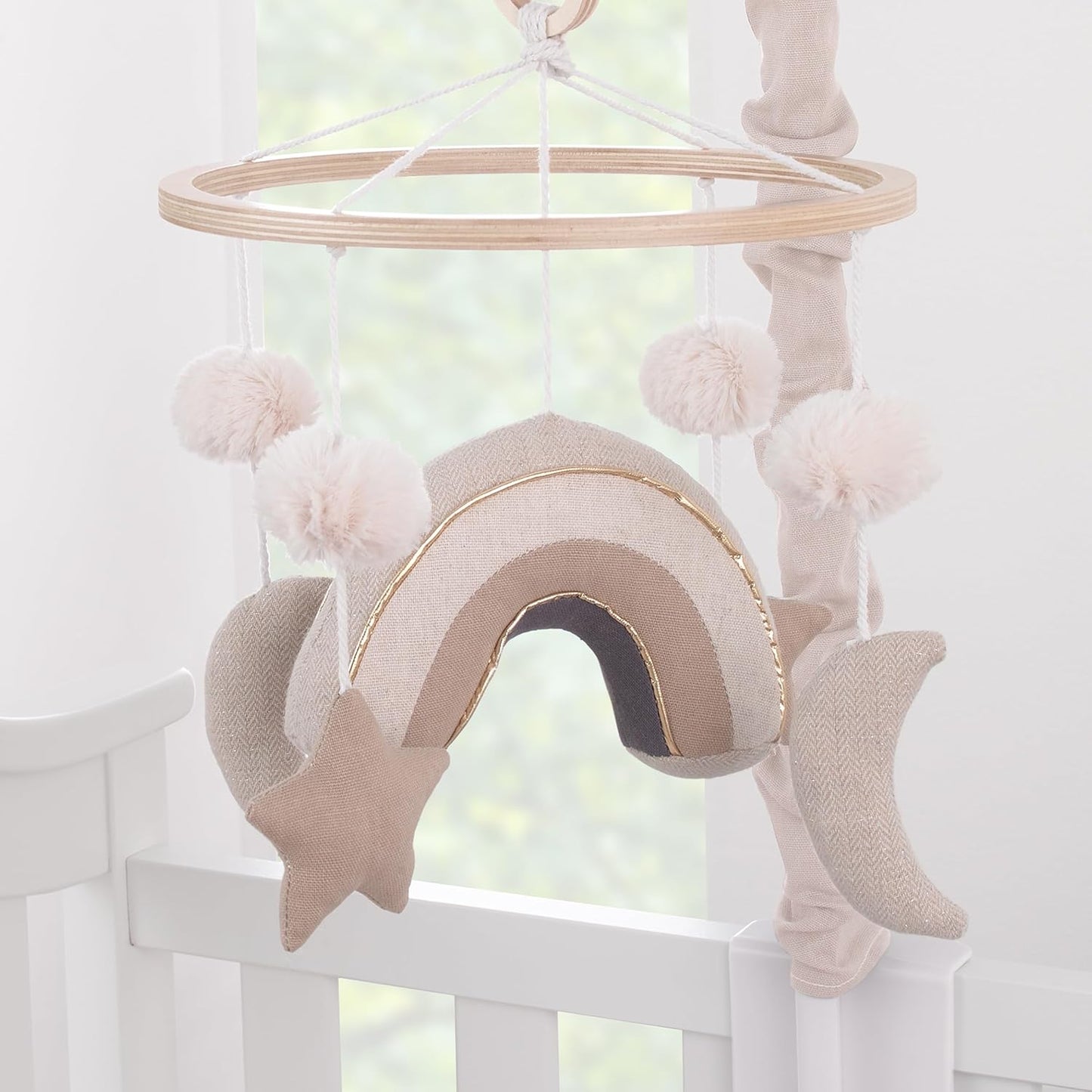 NoJo Rainbow Moon and Stars Pom Pom Ivory, Taupe, and Natural Wood Tones Plush Nursery Musical Mobile