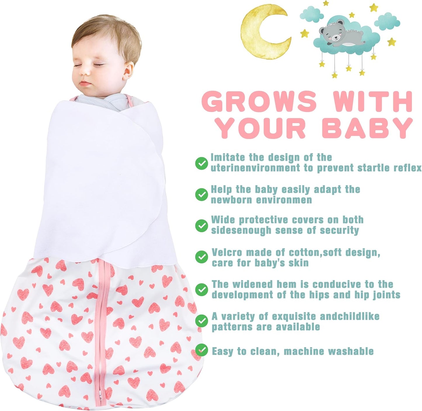 Newborn Sleep Sack Baby Swaddle,3-6 Months,3-Way Adjustable Wearable Blanket,100% Rayon Cotton Swaddling Sleeping Bag，TOG 0.5（Heart&Floral）