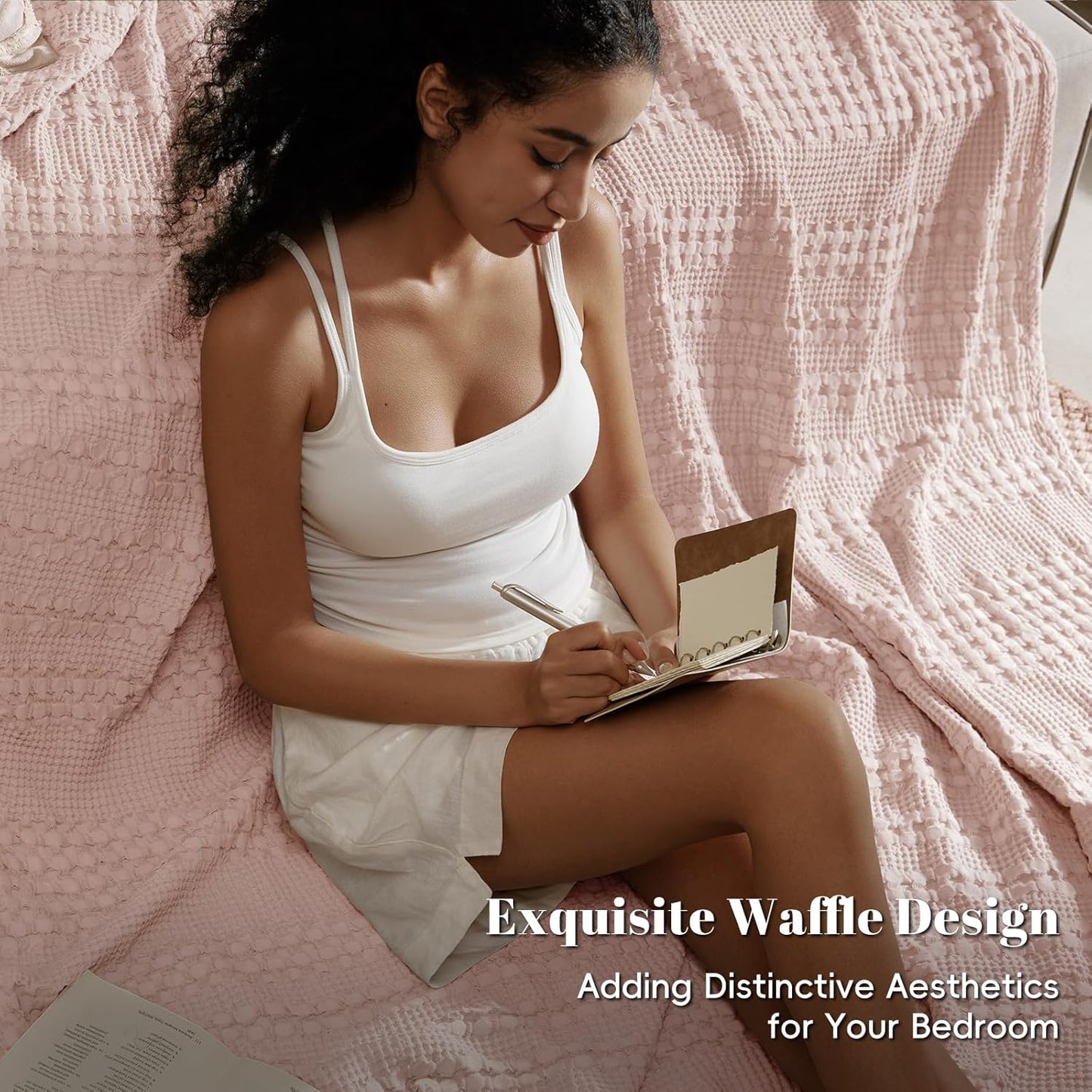 PHF 100% Cotton Waffle Weave Blanket King Size, Soft Lightweight Breathable Cozy Summer Blankets for Bed, Luxury Aesthetic Woven Bedding for Home Decor, 108"x90", Pink/Mauve