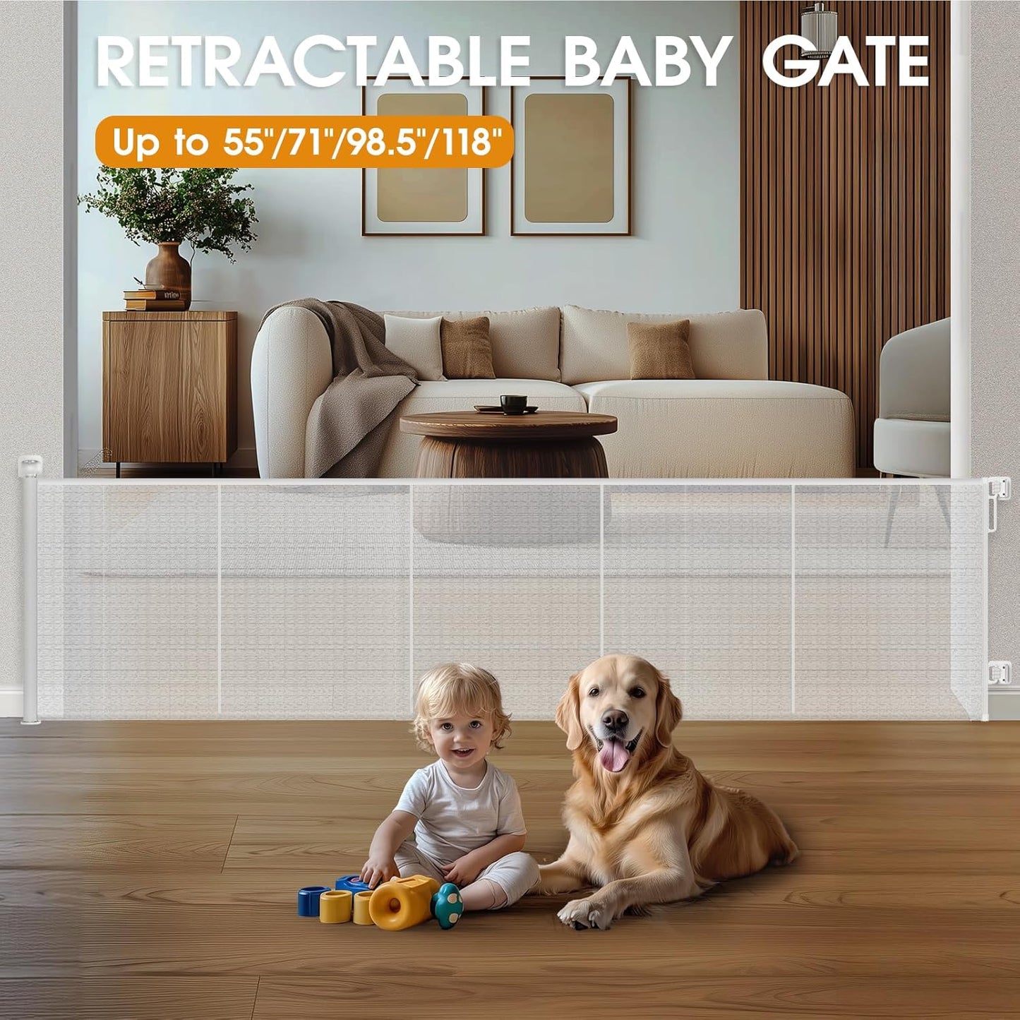 HOMEAL Retractable Baby Gate for Stairs - Extra Wide Baby Gate Tall, Long Mesh Pet Dog Gate Indoor Outdoor, Kids Safety Gate for Doorways, Deck, Porch, Hallways, Patio (White,Width Up to 71")