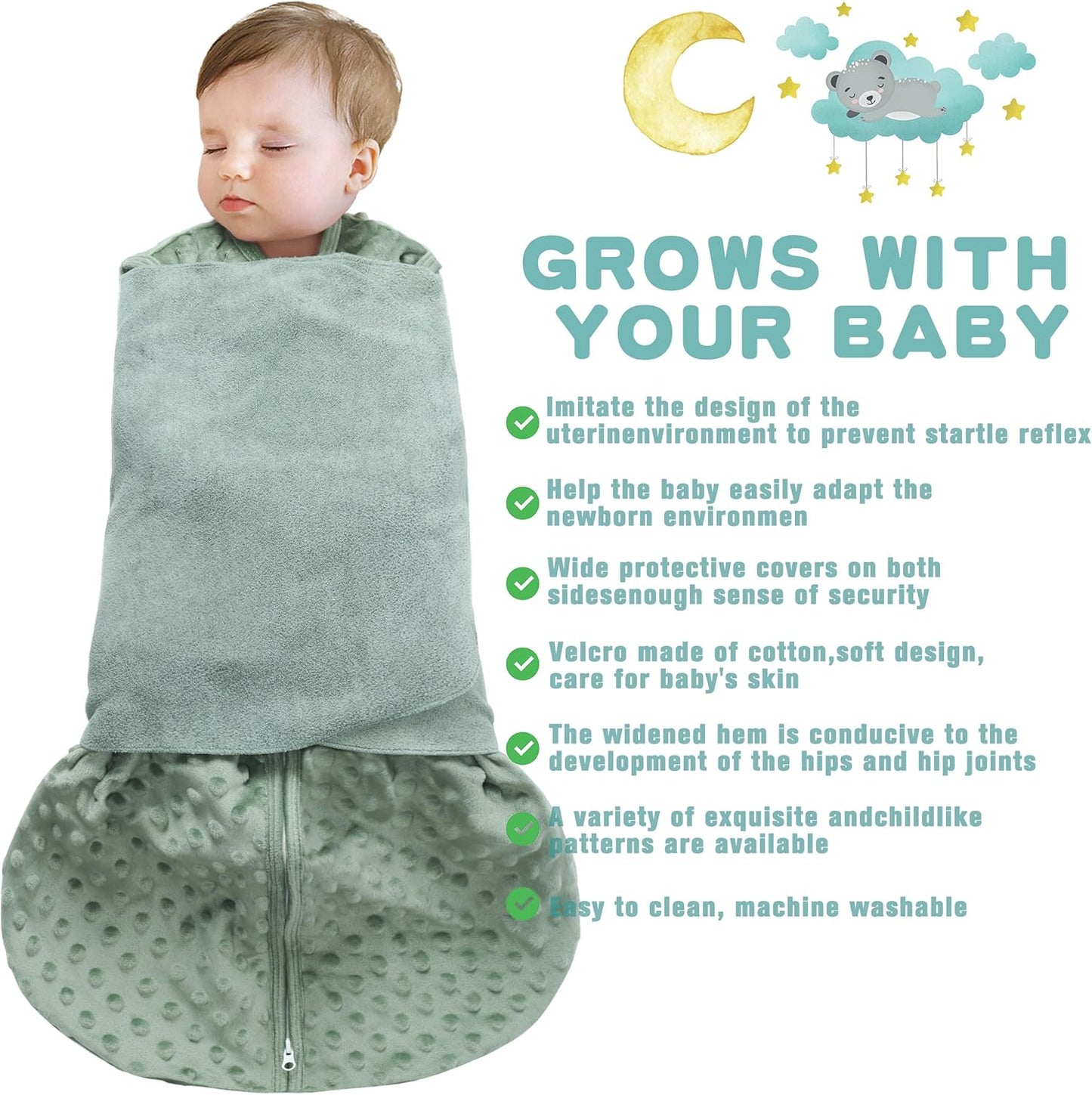 Fleece Newborn Sleep Sack Baby Swaddle,3-Way Adjustable Wearable Blanket,2 Pack Fleece Swaddling Sleeping Bag TOG 2.0， (Blue&Green, 3-6 Months)