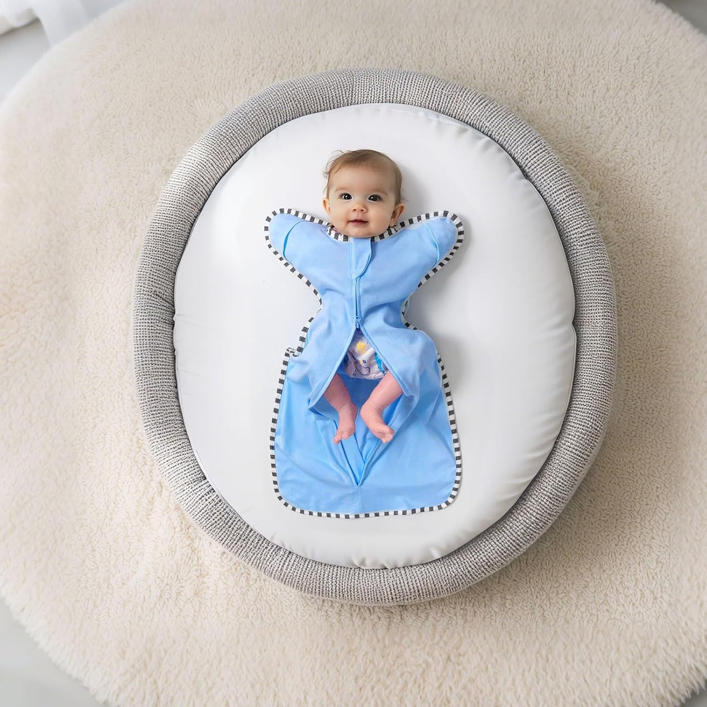 Transition Swaddle, 2 Pack 100% Cotton Baby Sleep Sack, 2-Way Zipper Infant Arm Up Swaddle for Newborn Baby Boys Girls (Khaki + Sky Blue, S(0-3 Months))