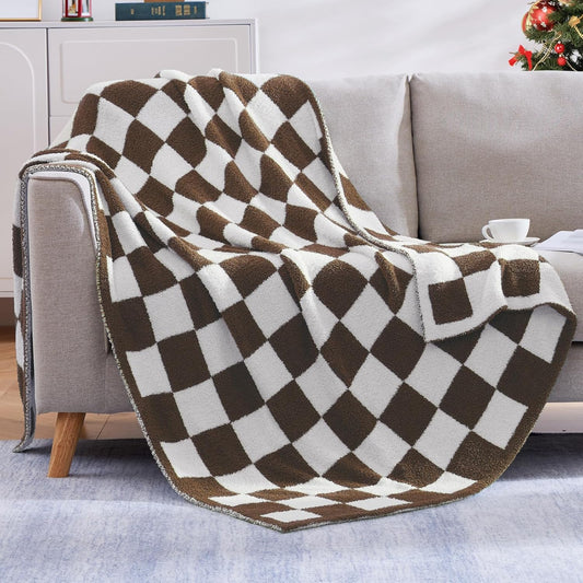 WRENSONGE Checkered Throw Blanket, Coffee Soft Cozy Fluffy Warm Hand Made Throw Blankets for Couch, Sofa, Chair, Bed, Camping, Picnic, Travel Lightweight Bed Blanket - 60"*80"