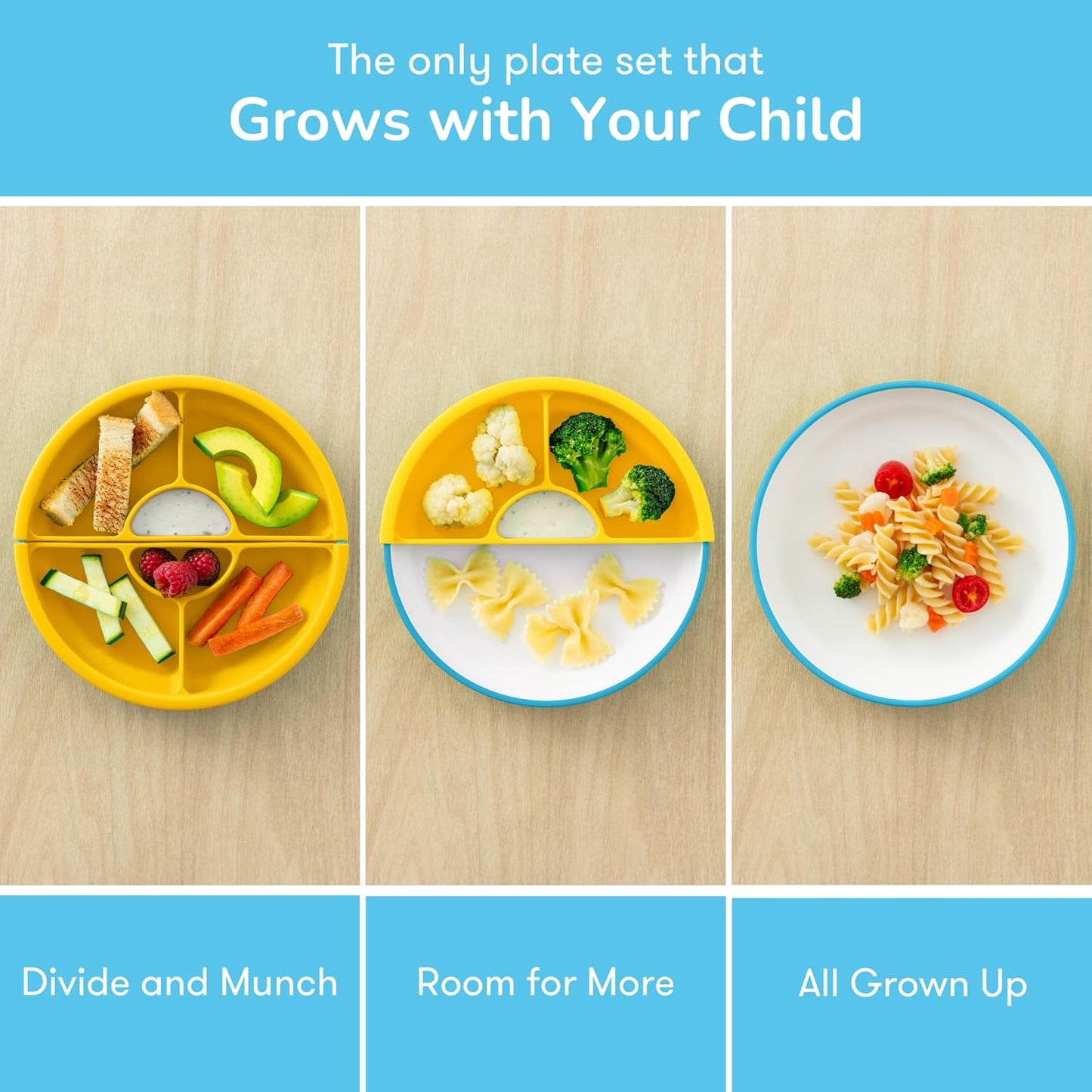 Omie® Easy Scoop Plates for Kids | Unique Design Helps Food Fall into the Spoon, Not on the Table | Made from Plants | 3 Plates + 2 Silicone Dividers | Blue