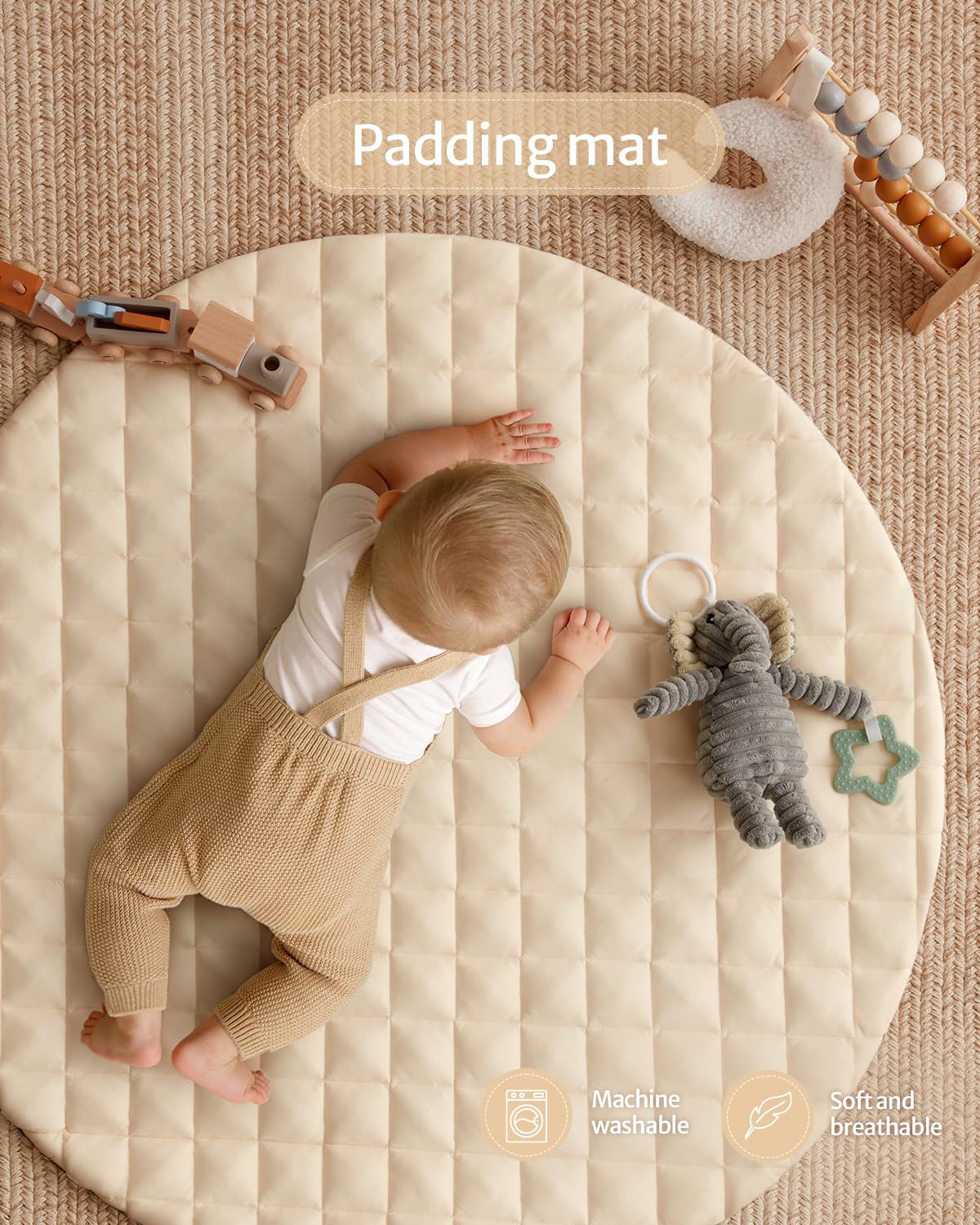 Blissful Diary Baby Play Gym Mat, Tummy Time Activity Mat with 6 Detachable Toys for Stage-Based Sensory & Motor Skill Development, Easy to Install & Clean, Baby Essentials Gift, Sandy Beige