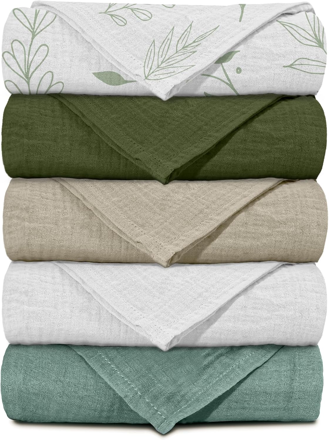 Muslin Receiving Blankets, Neutral Blanket Swaddling for Newborn Boys and Girls, 5 Pack Breathable and Skin-Friendly Swaddle Wrap for Infant Baby (Bright Leaves)