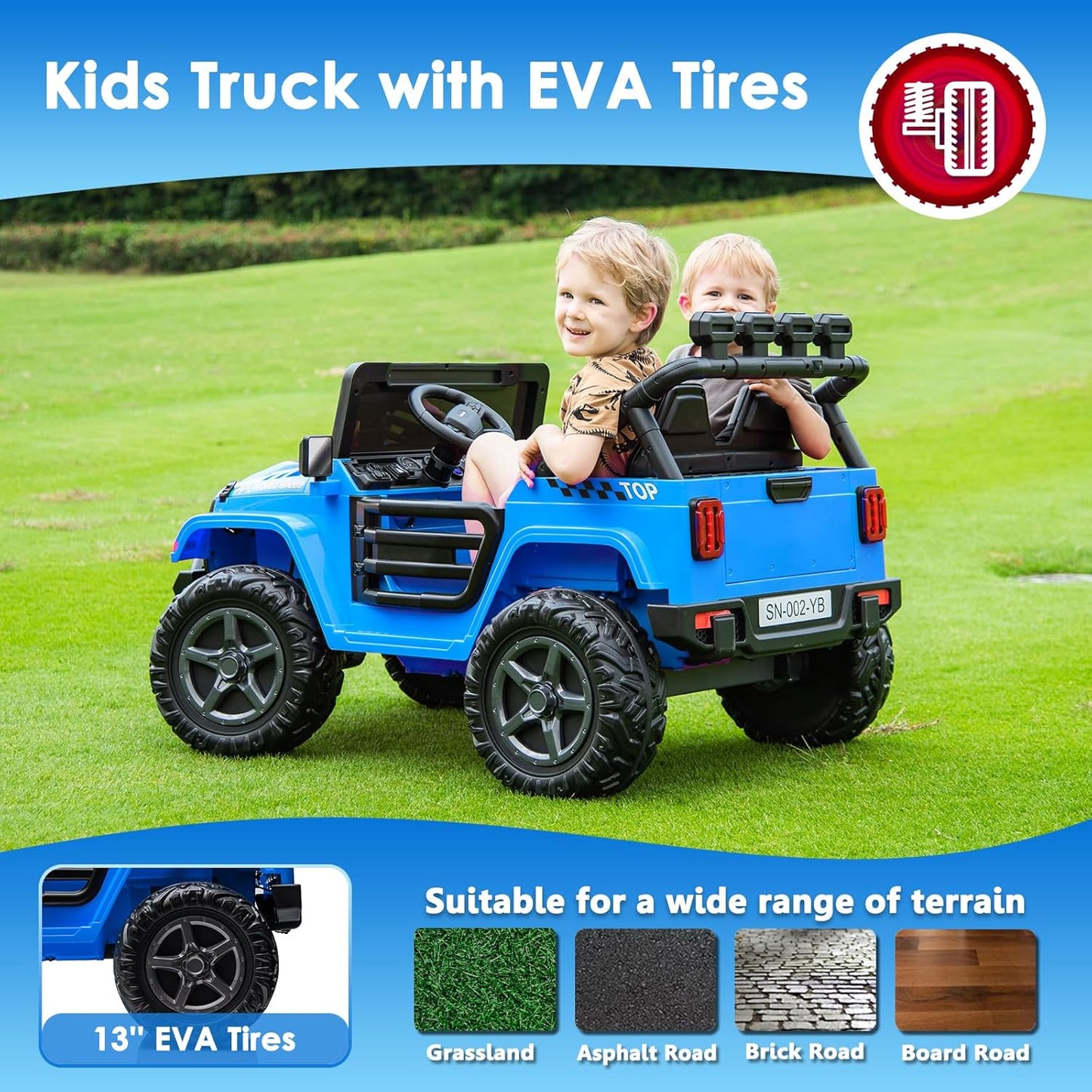 24V 2 Seater Ride On Truck with Remote Control 4WD Electric Car for Kids Ride On Car Battery Powered Ride On Toy Car with Music Player, LED Lights, Bluetooth, Rear Shock Absorber, Blue