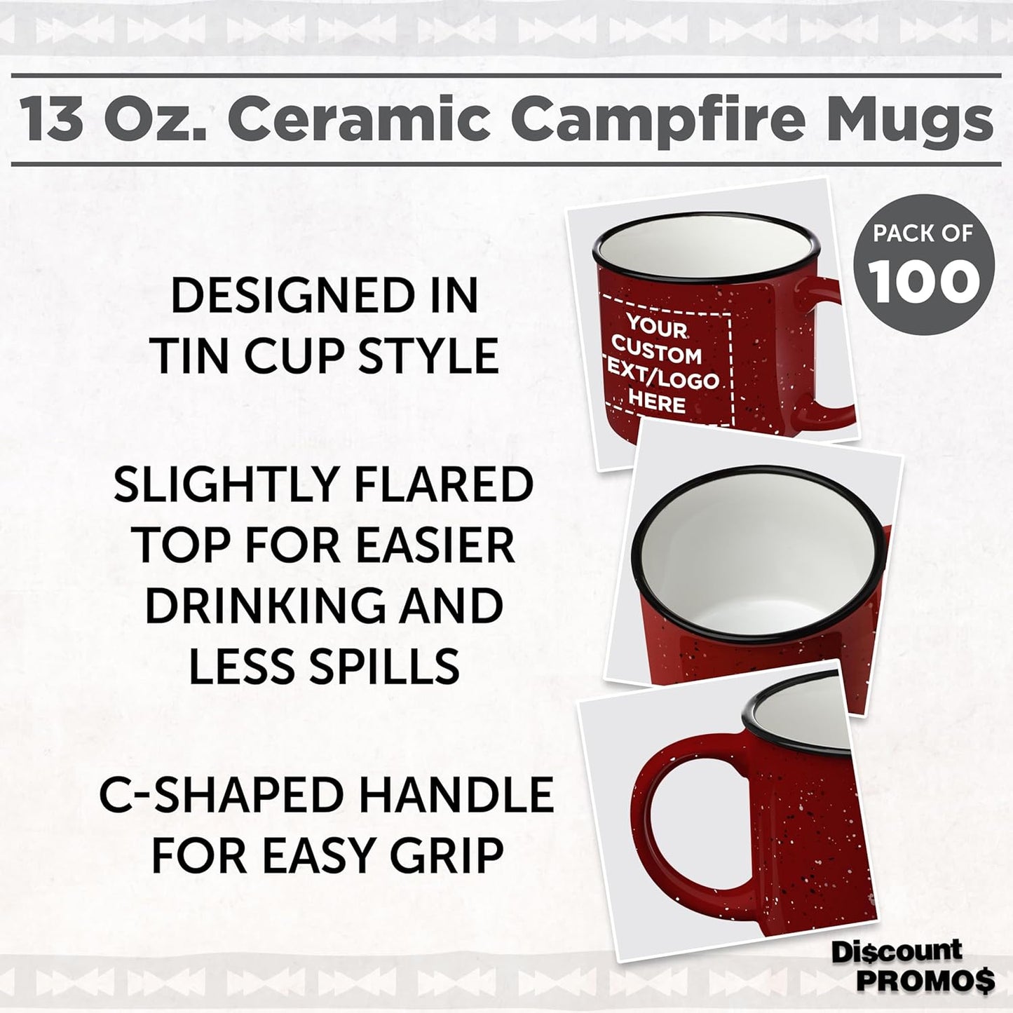 DISCOUNT PROMOS Custom Ceramic Campfire Coffee Mugs 13 oz. Set of 100, Personalized Bulk Pack - Perfect for Tea, Espresso, Cappuccino, Hot Cocoa - Red