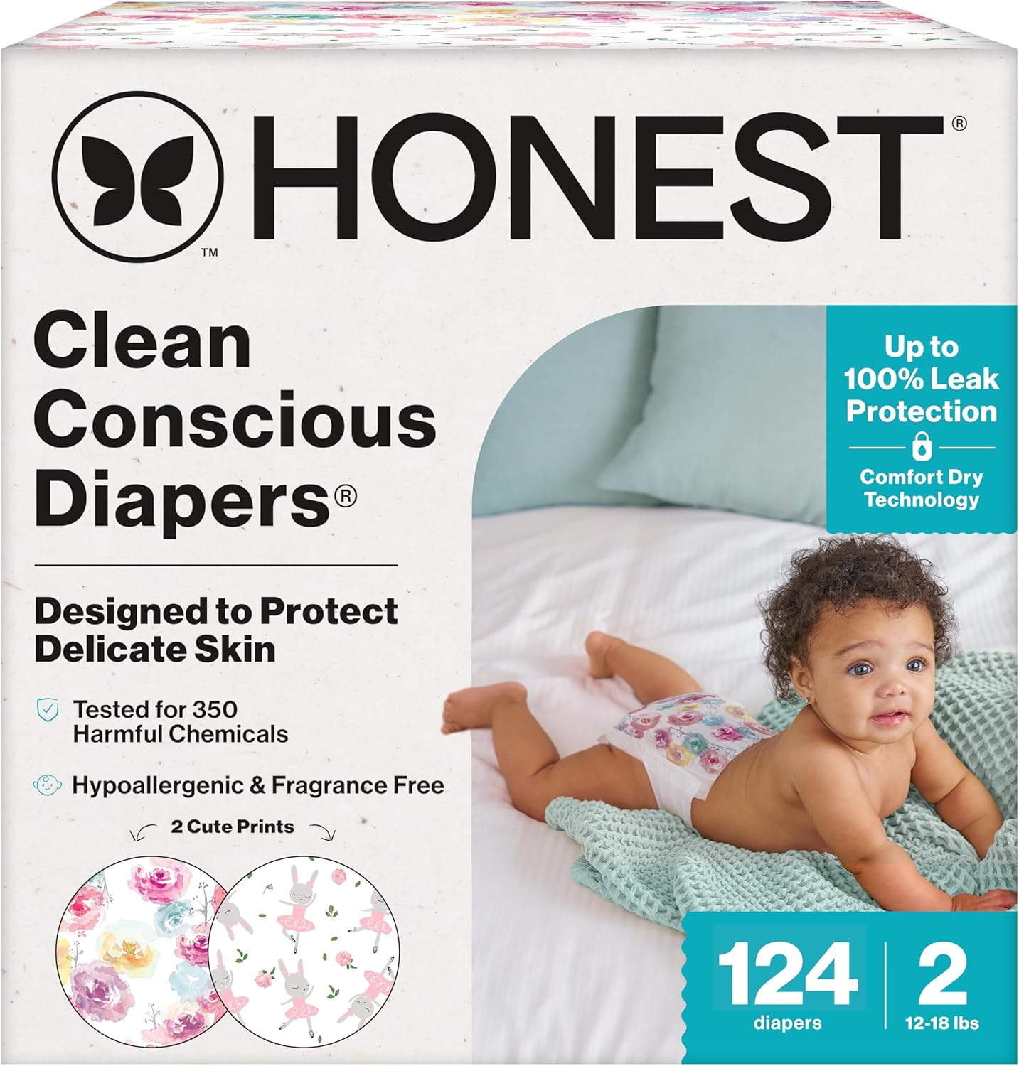The Honest Company Clean Conscious Diapers for Delicate Skin | Up to 100% Leakproof | Hypoallergenic, Fragrance Free | Girl Prints | Super Club Box, Size 2 (12-18 lbs), 124 Count (Prints May Vary)