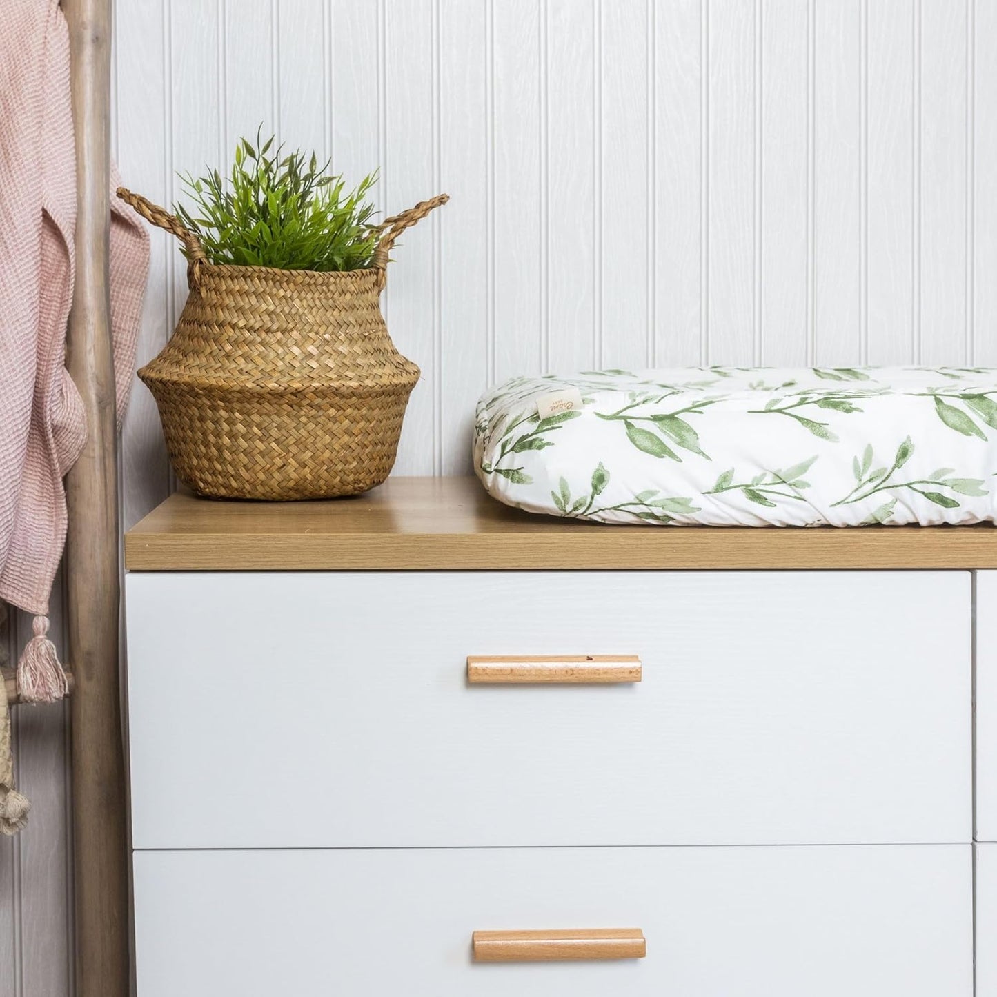 Crane Baby Green Leaf, Quilted Changing Pad Cover, 100% Cotton Sateen, 16in X 32in, Fitted with Elastic, Soft, Machine Washable, Neutral Nursery Essential