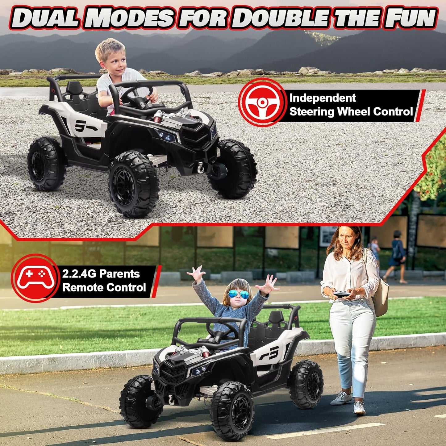 Electric Car for Kids, JOYRACER 24V Ride on Car Battery Powered Off-Road UTV w/Remote Control, 3 Speeds, 4x150W Powerful Motors, 18" Seat, Bluetooth, MP3, Electric Vehicles with Big Pull Bow