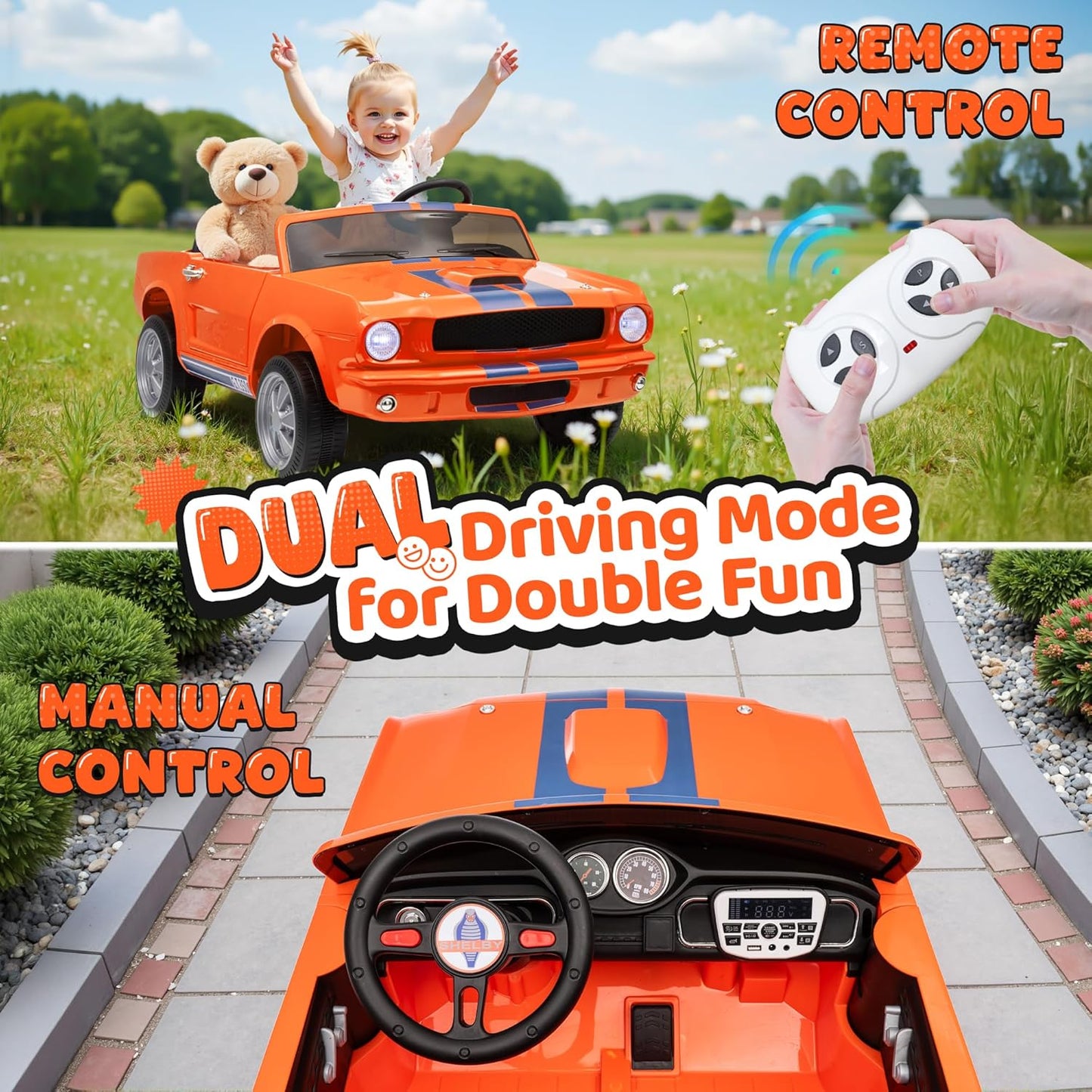 24V 2 Seater Ride on Toys, Licensed Shelby Cobra Kids Power Car Wheeler Ride On Toy w/ 2WD/4WD Switchable, Remote Control, 19" Spacious Seat, 4 Spring Suspension, Music, Bluetooth