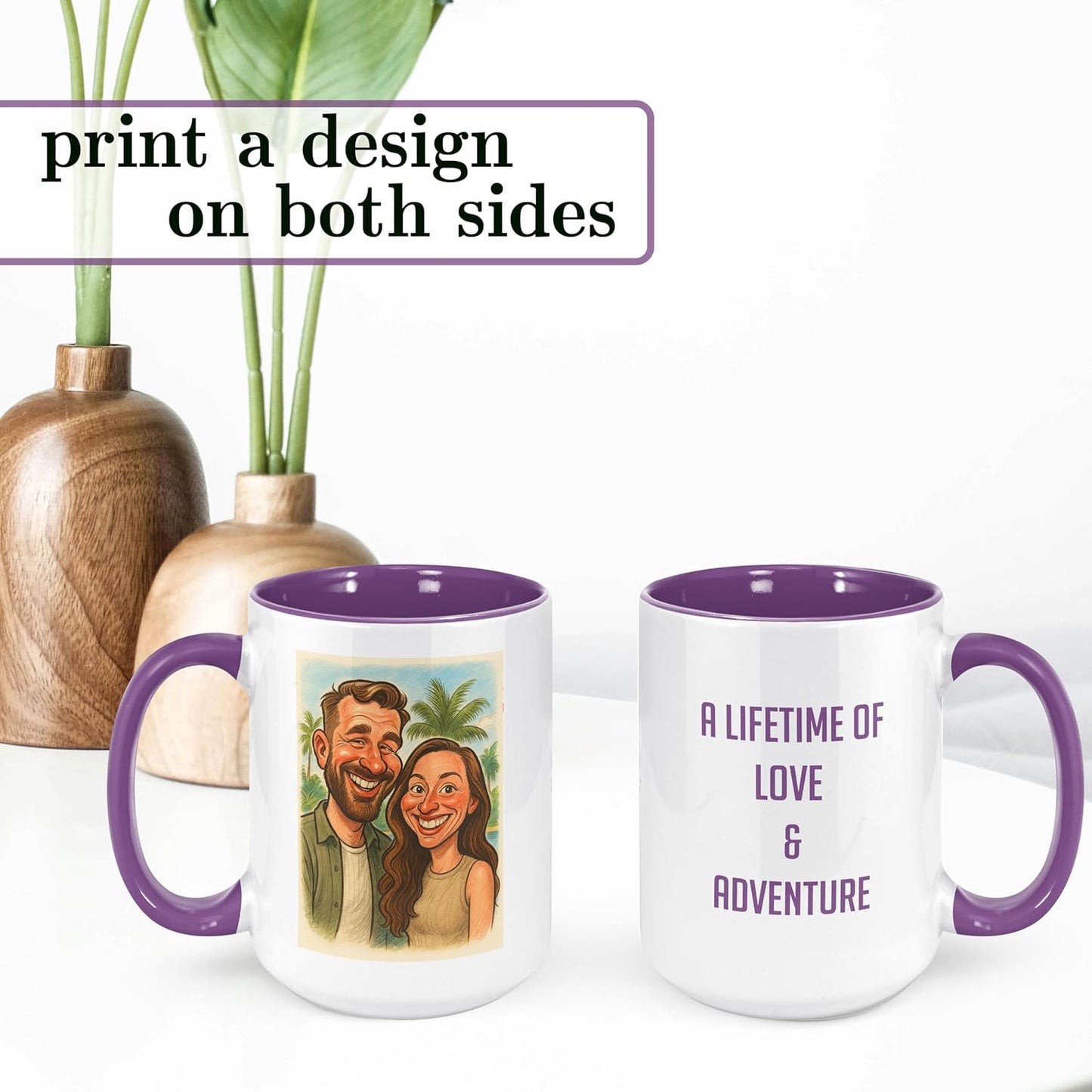 Personalized Coffee Mug, Custom Photo Caricature Gift, Funny Customized Coffee Gift for Men & Women, Custom Mugs with Pictures, Purple 15oz Customized Ceramic Tea Cup