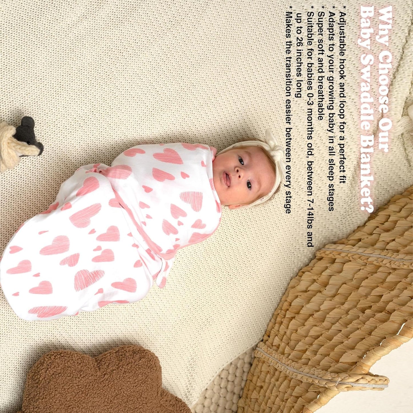 Bublo Baby Organic Preemie Swaddles 4-7 lbs - 3-Pack Premature Babies Swaddle Sleep Sack - Premature Infant Sleeping Sack - Easy Adjustable Baby Swaddle Blanket Wrap (Hearts-Flowers)