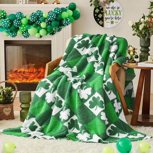 CYMULA St. Patrick's Day Knit Throw Blanket - Super Soft Lightweight Plush Shamrock Clover Blanket for Couch, Bed, Sofa, 60 x 80 Inches, Irish Green