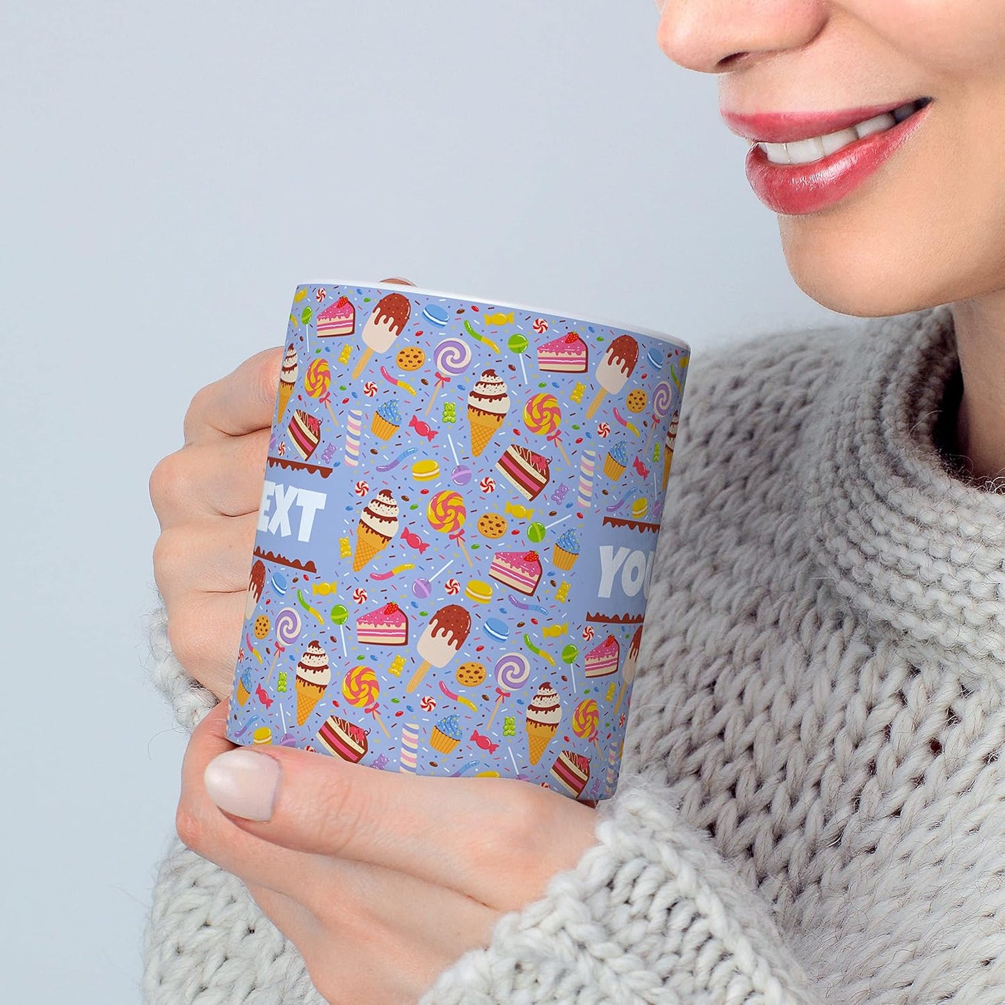 Personalized Mug for Kids - Sweets - Custom Name/Text, Ceramic Hot Chocolate/Cocoa/Coffee Cup for Boys/Girls, Birthday/Christmas/Holiday Gift - 15 oz, Light Blue Handle