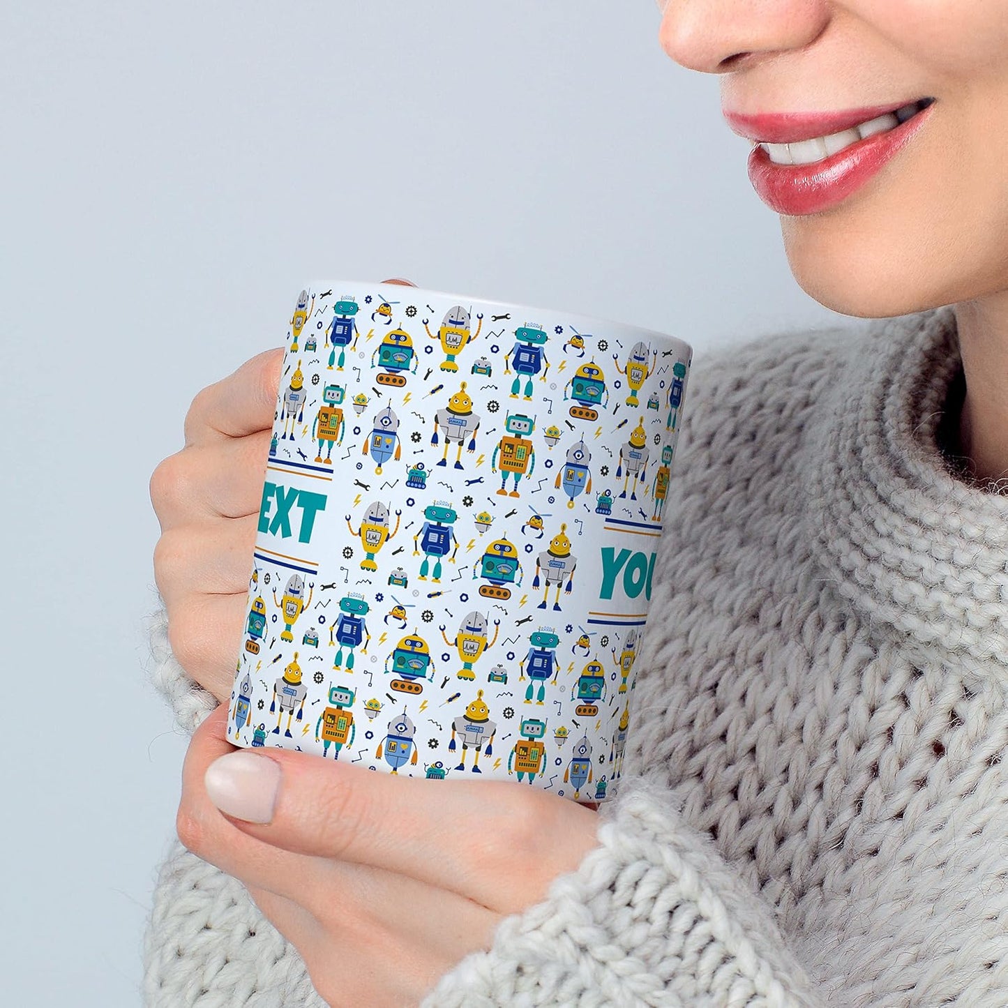 Personalized Mug for Kids - Robots - Custom Name/Text, Ceramic Hot Chocolate/Cocoa/Coffee Cup for Boys, Birthday/Christmas/Holiday Gift - 15 oz, Navy Blue Handle