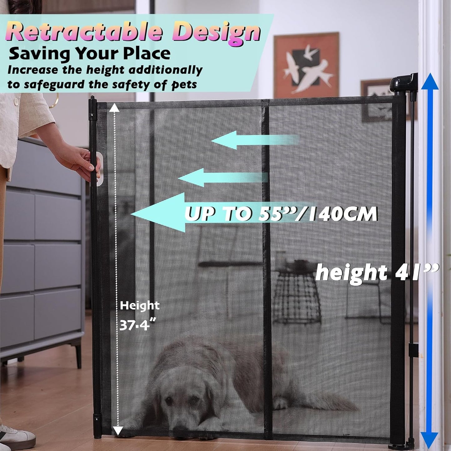 Retractable Baby Gates for Stairs, 55" Wide Baby Gate Dog Gate, 41" Tall Retractable Pet Gate for Doorways, Child Safety Gates Mesh Gate with Fiberglass Rods for Stairways, Hallways, Indoor/Outdoor
