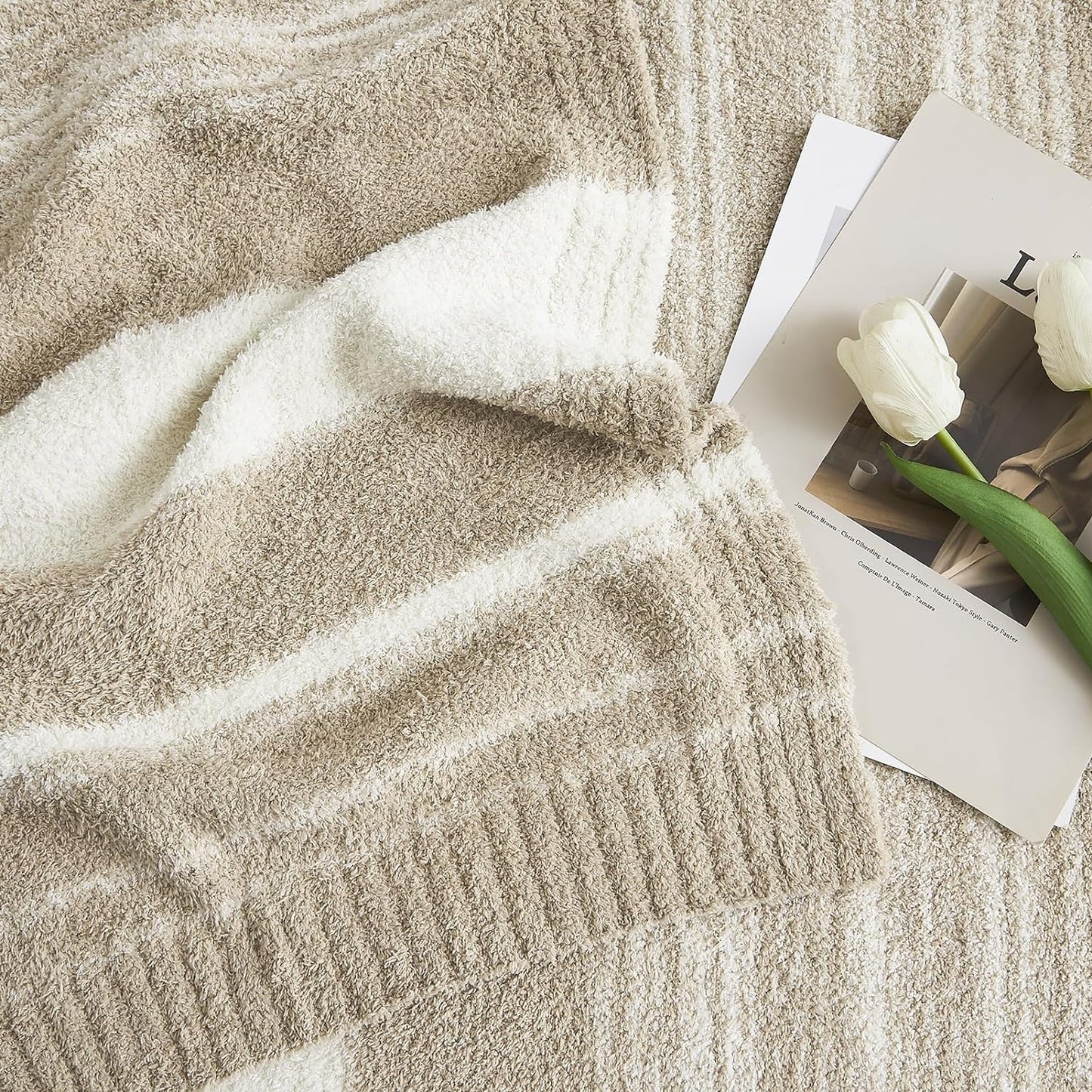 WRENGONGE Khaki Throw Blanket, 60x80 Soft Cozy Striped Throw Blankets for Couch, Sofa, Bed, Travel, Lightweight Fluffy Warm Plush Decorative Blankets for Women, Men,Kids Gift