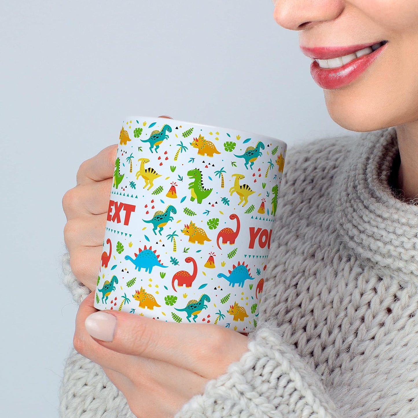 Personalized Mug for Kids - Dinosaurs - Custom Name/Text, Ceramic Hot Chocolate/Cocoa/Coffee Cup for Boys/Girls, Birthday/Christmas/Holiday Gift - 15 oz, Red Handle