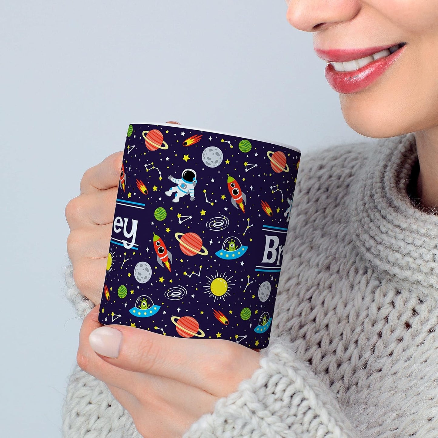 Personalized Mug for Kids - Outer Space - Custom Name/Text, Ceramic Hot Chocolate/Cocoa/Coffee Cup for Boys/Girls, Birthday/Christmas/Holiday Gift - 15 oz, Navy Blue Handle