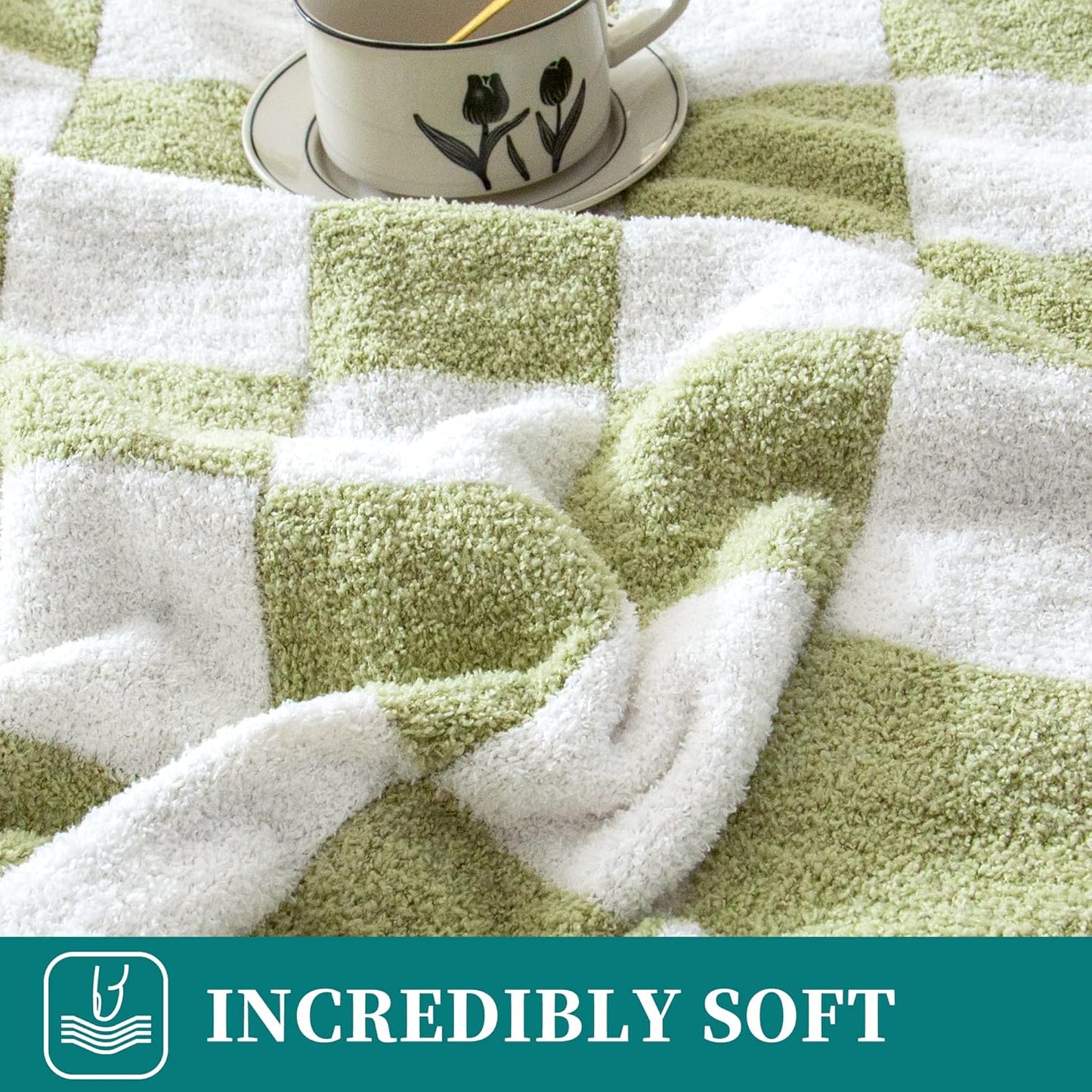 SeaRoomy Checkered Throw Blanket, Ultra Soft Cozy Microfiber Knit Throw Blanket, Warm Fluffy Reversible Checkerboard Blanket for Couch Bed Travel Picnic Room Decor(Sage Green, 60"×79")