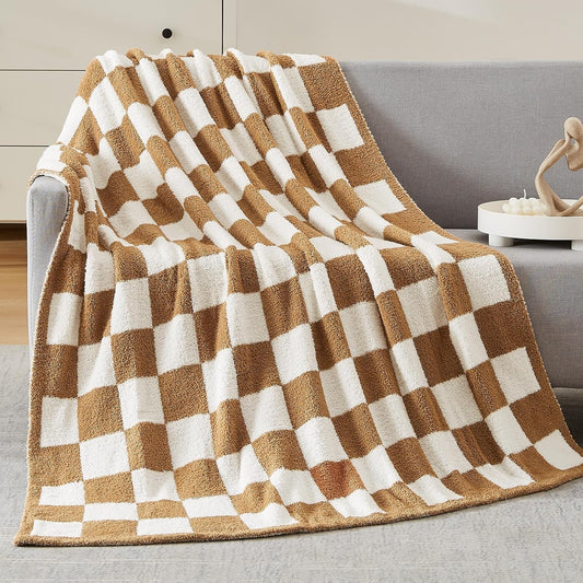 WRENSONGE Checkered Throw Blanket, Burnt Orange Soft Cozy Fluffy Warm Hand Made Throw Blankets for Couch, Sofa, Chair, Bed, Camping, Picnic, Travel Lightweight Bed Blanket - 50"*70"
