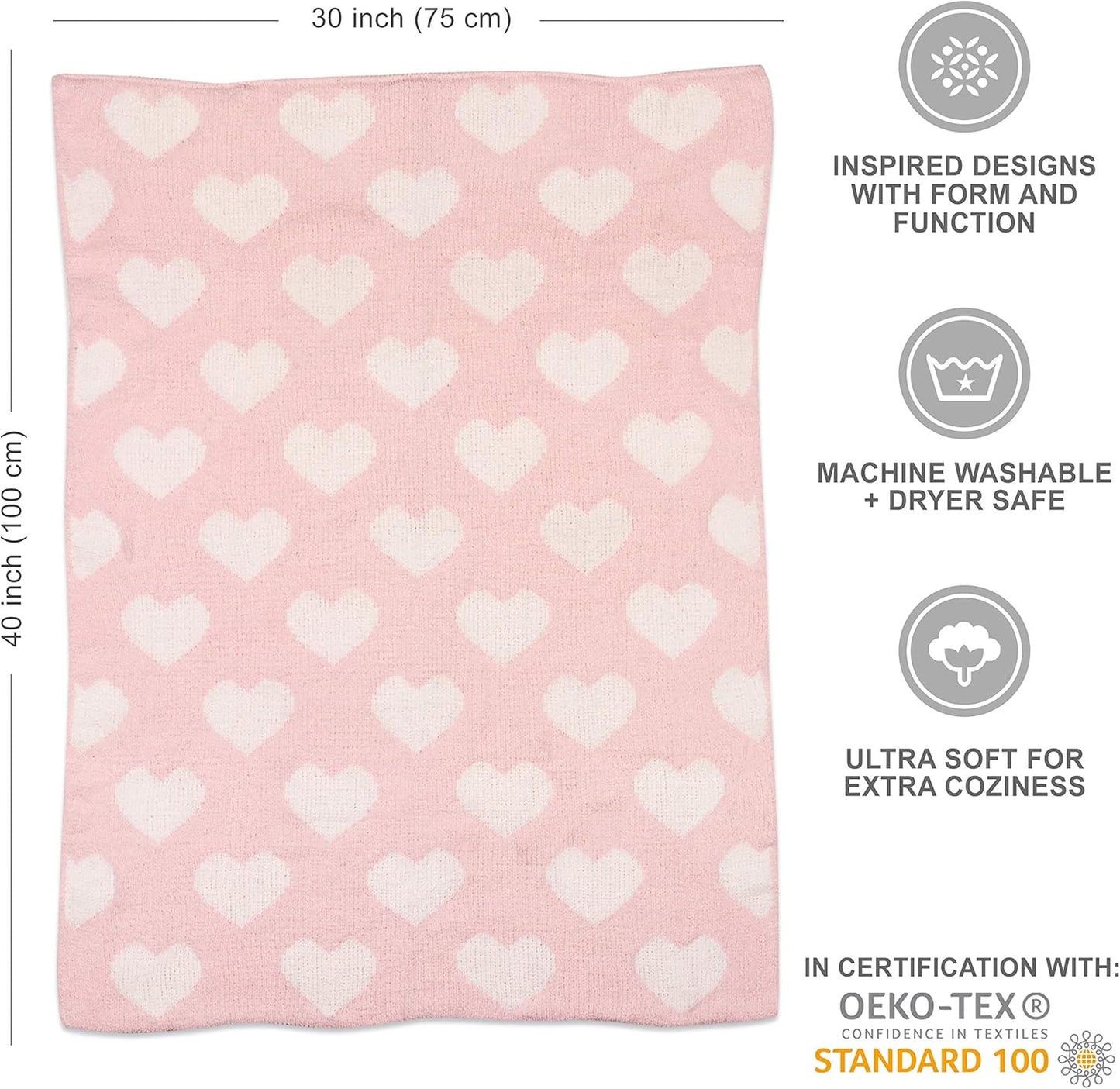Living Textiles Pink Hearts Chenille Soft Baby Blanket Reversible Premium Cozy Fabric for Best Comfort - for Infant,Toddler,Newborn,Nursery,Girl,Throw,Crib,Stroller,Gift, Pink Hearts 40x30