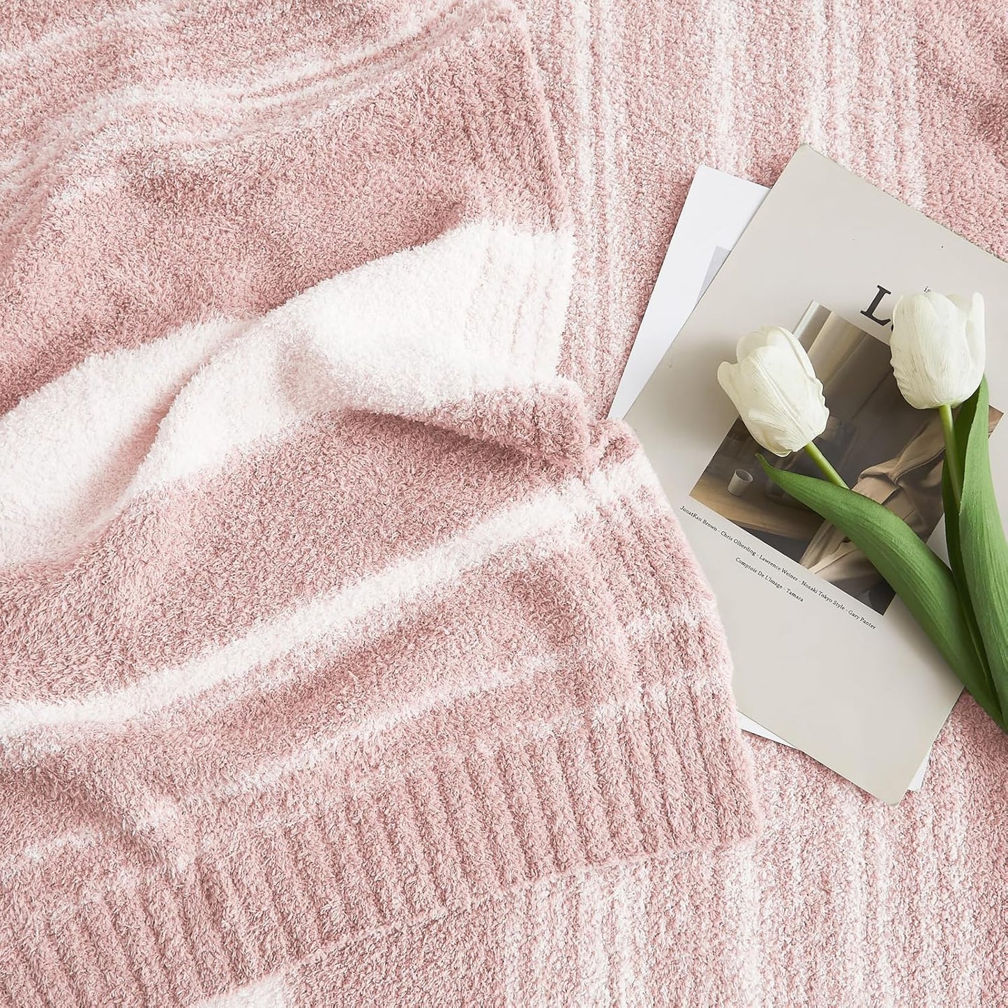 WRENGONGE Pink Throw Blanket, 50x70 Soft Cozy Striped Throw Blankets for Couch, Sofa, Bed, Travel, Lightweight Fluffy Warm Plush Decorative Blankets for Women, Men,Kids Gift