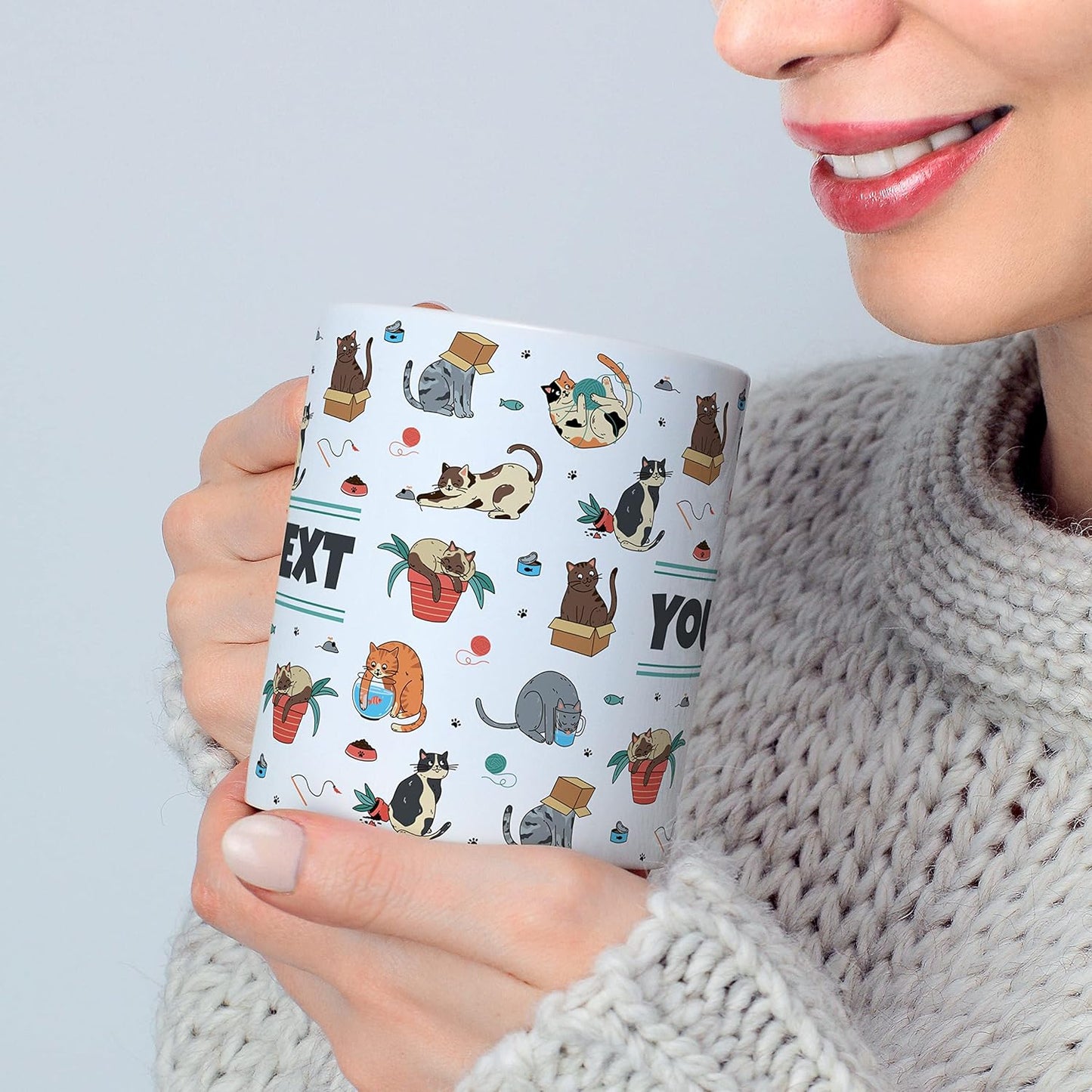 Personalized Mug for Kids - Cats - Custom Name/Text, Ceramic Hot Chocolate/Cocoa/Coffee Cup for Boys/Girls, Birthday/Christmas/Holiday Gift - 11 oz, Red Handle