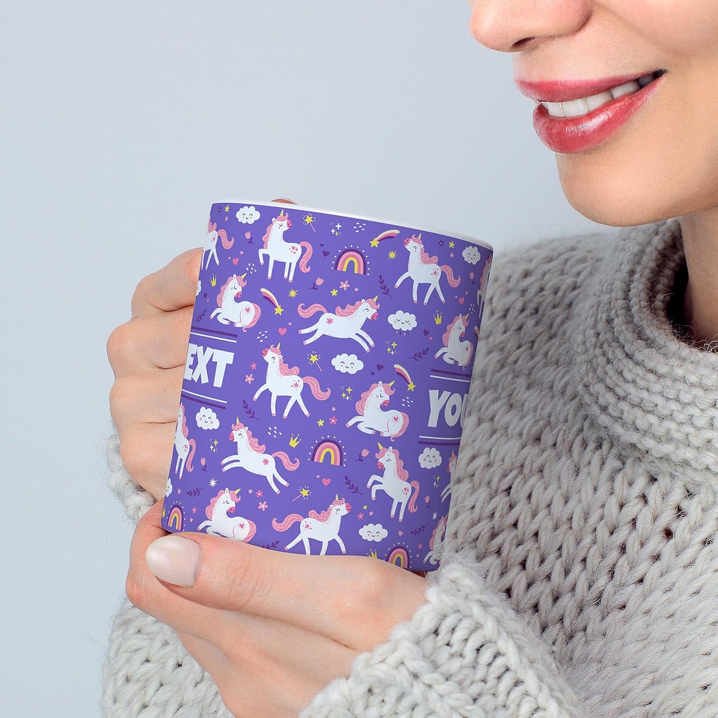 Personalized Mug for Kids - Purple Unicorn - Custom Name/Text, Ceramic Hot Chocolate/Cocoa/Coffee Cup for Girls, Birthday/Christmas/Holiday Gift - 11 oz, Navy Blue Handle