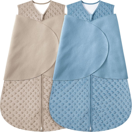 Fleece Newborn Sleep Sack Baby Swaddle,3-Way Adjustable Wearable Blanket,2 Pack Fleece Swaddling Sleeping Bag TOG 2.0， (Brown & Dark Green, 0-3 Months)
