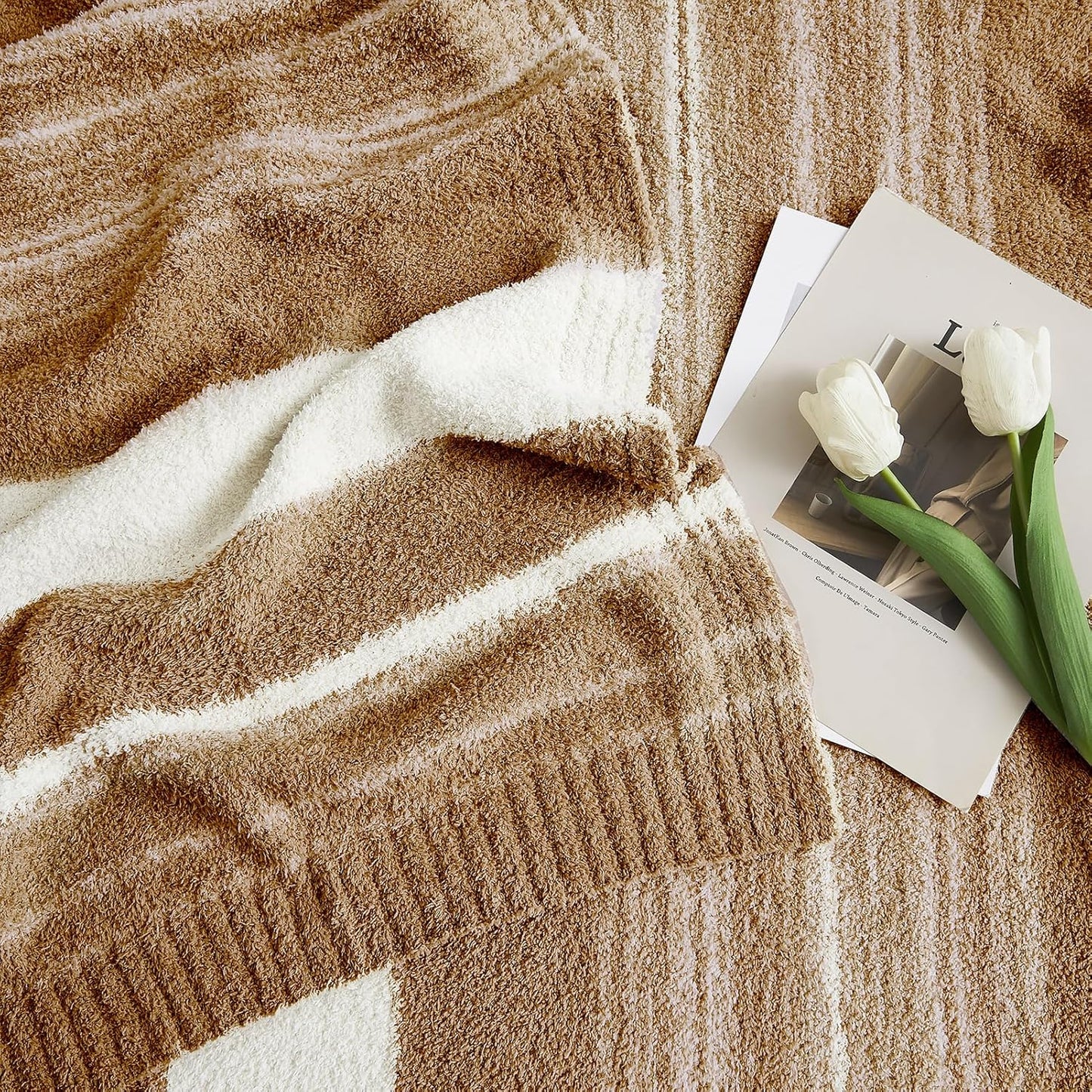 WRENGONGE Burnt Orange Throw Blanket, 50x70 Soft Cozy Striped Throw Blankets for Couch, Sofa, Bed, Travel, Lightweight Fluffy Warm Plush Decorative Blankets for Women, Men,Kids Gift