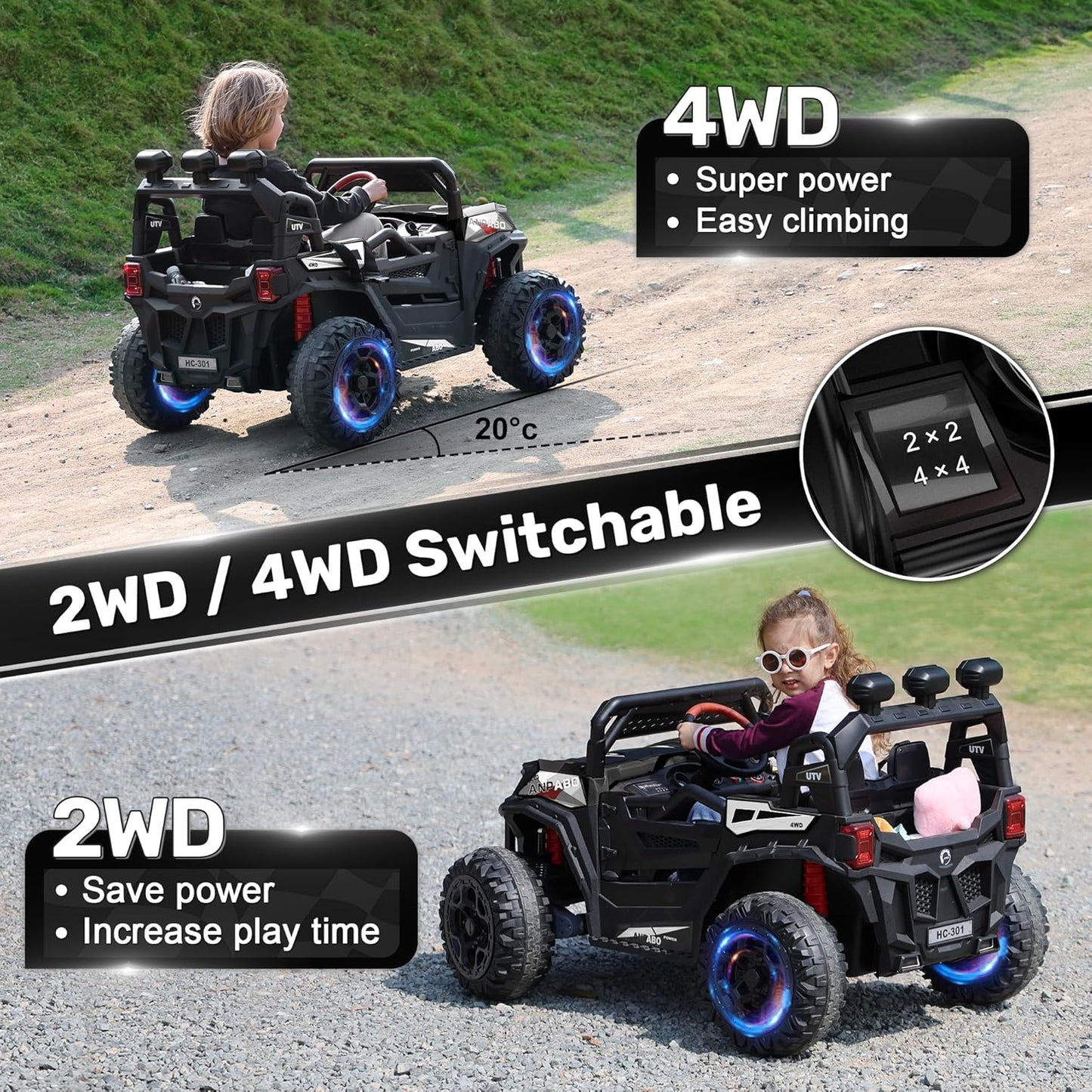 ANPABO 24V 4X4 Ride on Car Truck w/Remote Control, 4WD/2WD Switchable Kids UTV, 19" Spacious Seat, 4 Shock Absorbers, Soft Start, Music Player, Electric Car for Kids Ages 3+(Black