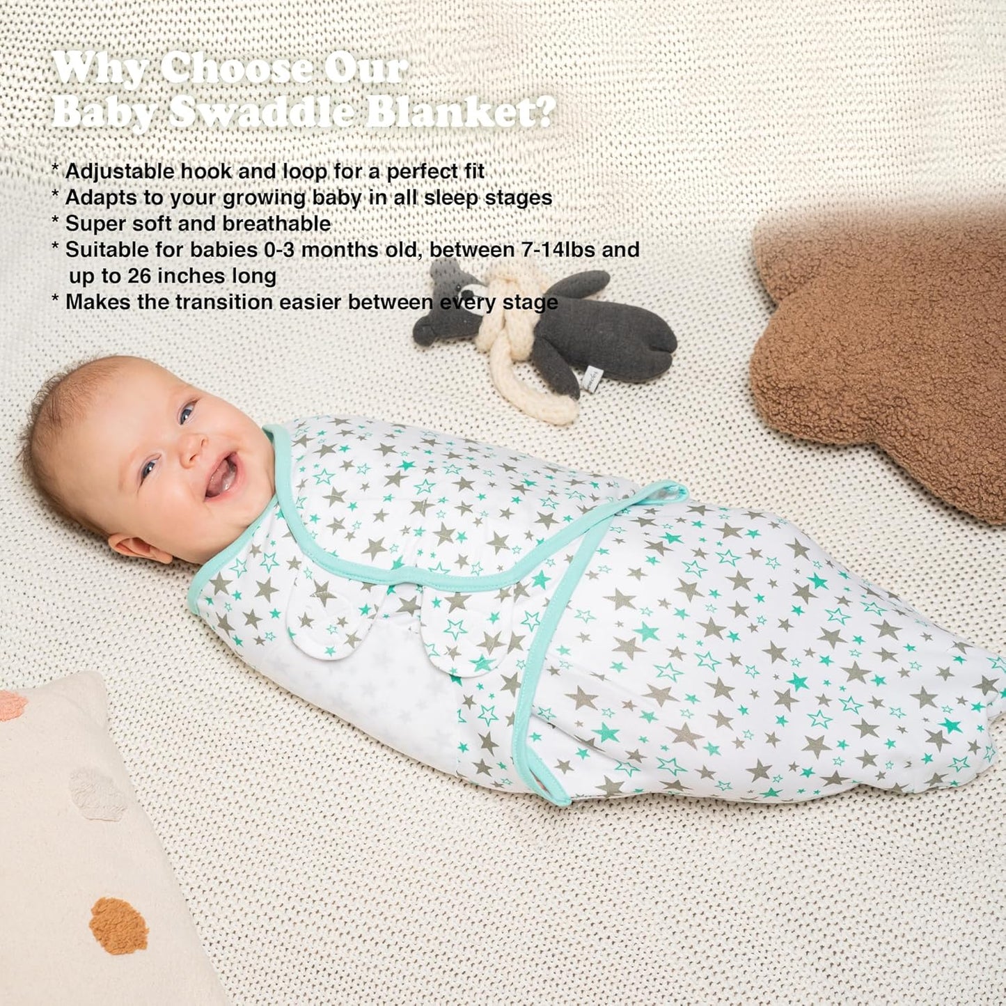 Bublo Baby Swaddles for Newborns – 3-Pack Infant Swaddles 0-3 Months – Adjustable Swaddle Sleep Sack with Zipper – Soft Cotton Baby Wrap for Safe & Cozy Sleep (Aqua)