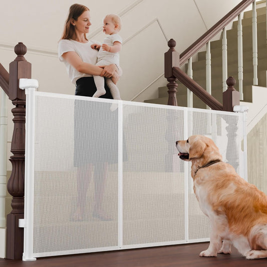 Retractable Baby Gates for Stairs, 55" Wide Baby Gate Dog Gate, 41" Tall Retractable Pet Gate for Doorways, Child Safety Gates Mesh Gate with Fiberglass Rods for Stairways, Hallways, Indoor/Outdoor