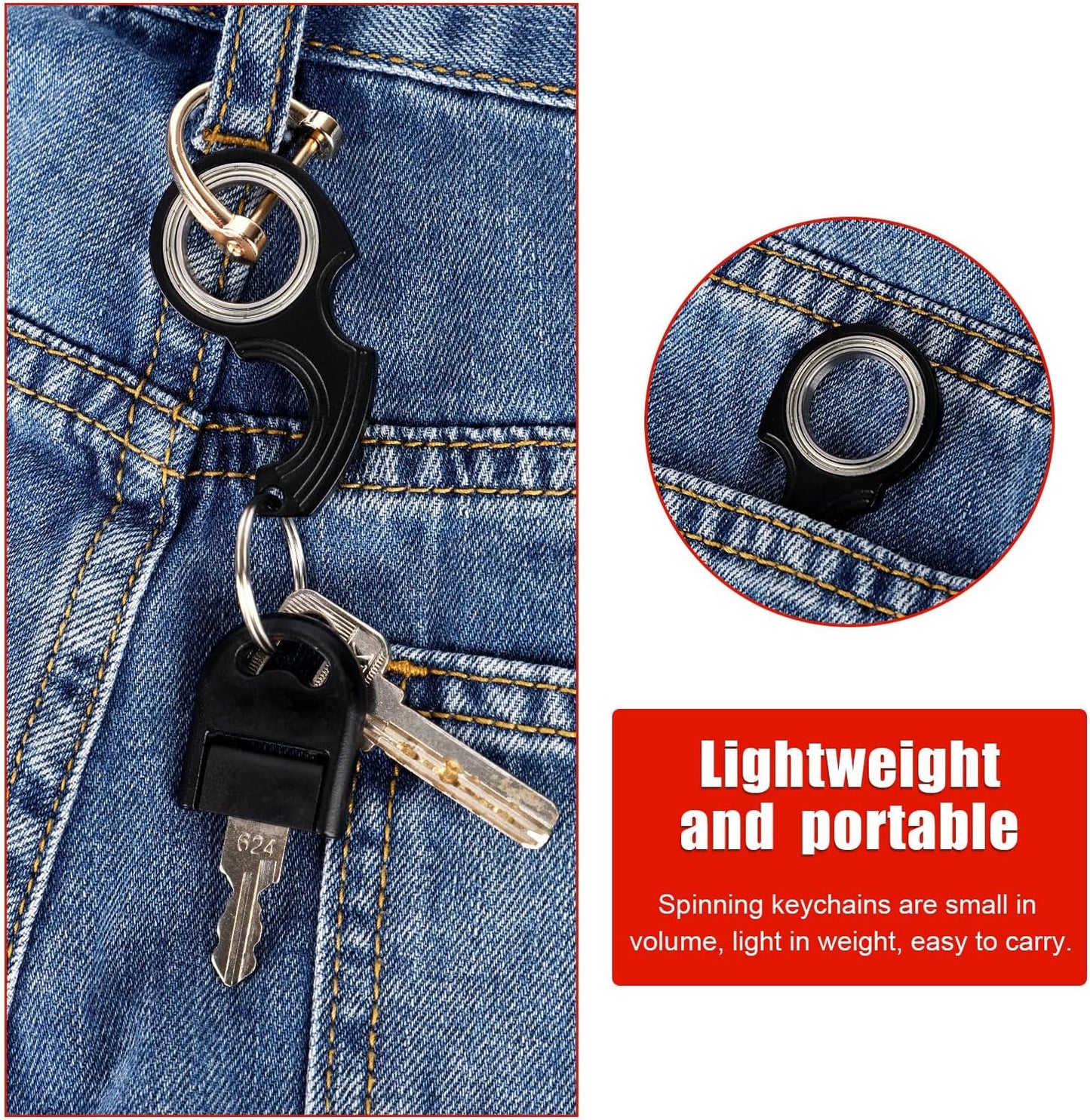 2pcs Key Chain Spinner Toys 0.67" Inner Diameter with 2pcs Key Rings, Finger Fidget Keychain Key Ring Spinner Toy Gifts for Kids Adults Finger Exercising Anxiety Relief (Black, Red)