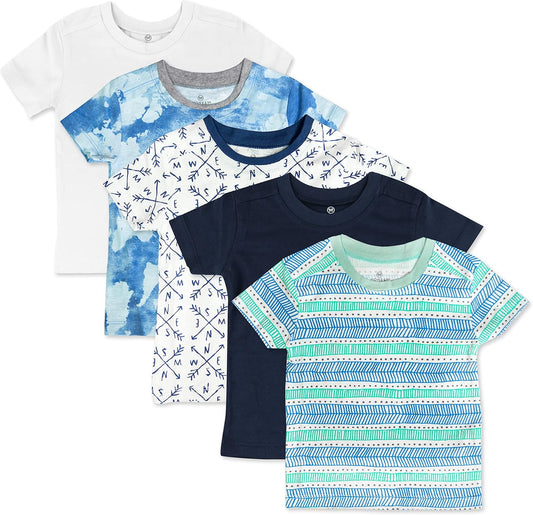 HonestBaby 5-Pack Short Sleeve T-Shirts 100% Organic Cotton Baby, Toddler, Little Kid, Boy, Girl, Unisex