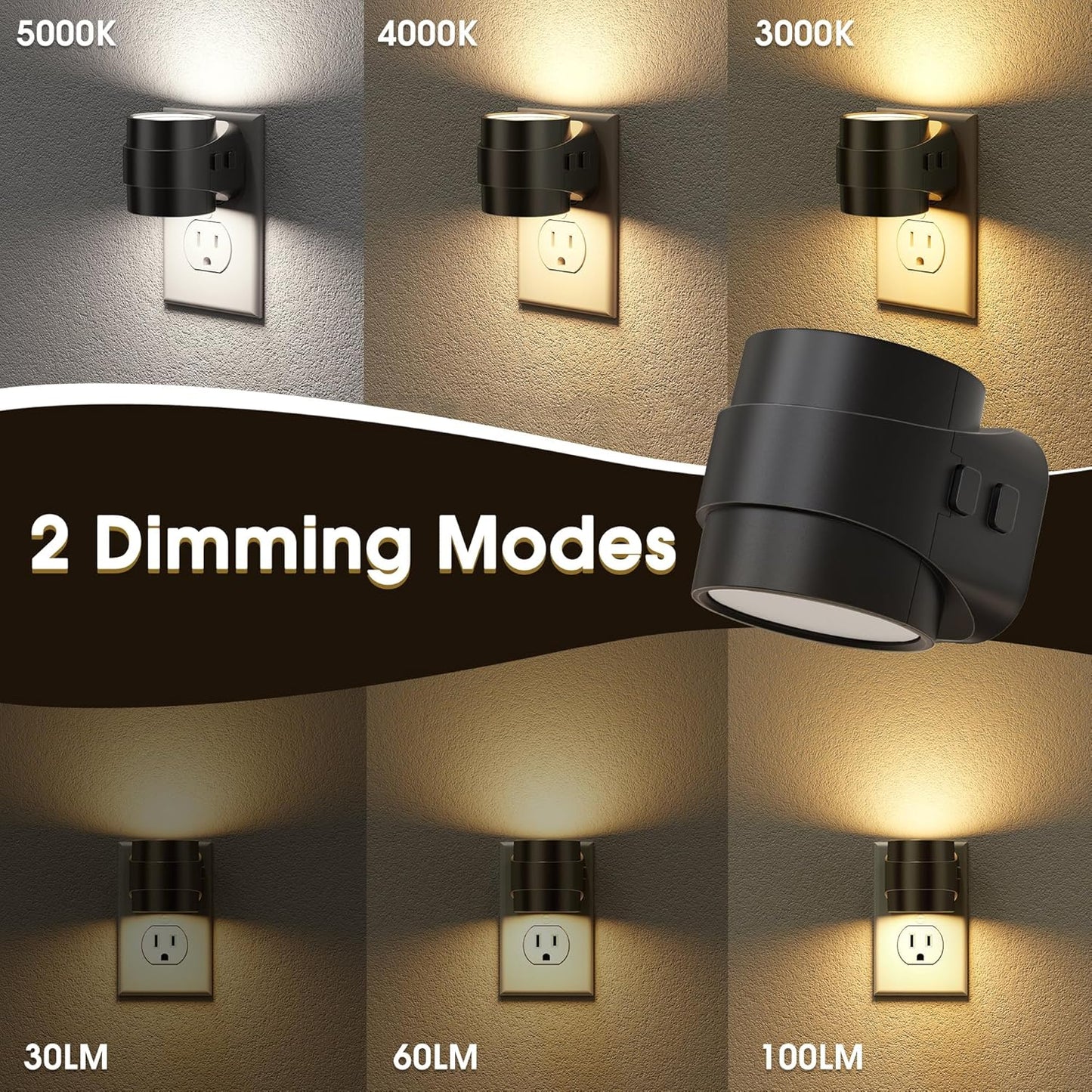 Briignite Night Light Plug into Wall[2 Pack] - Dimmable LED Night Light with 3000K/4000K/5000K & 3 Brightness Levels for Baby Nursery, Hallway, Bathroom, Kids Room, 3CCT