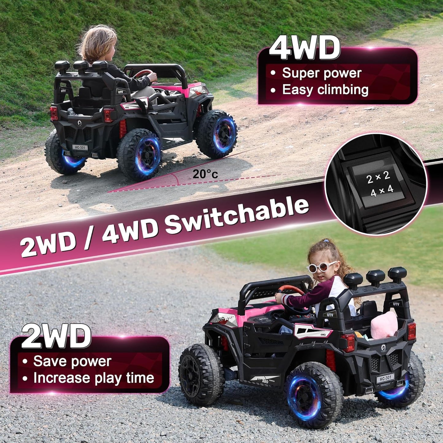 ANPABO 24V 4X4 Ride on Car Truck w/Remote Control, 4WD/2WD Switchable Kids UTV, 19" Spacious Seat, 4 Shock Absorbers, Soft Start, Music Player, Electric Car for Kids Ages 3+(Pink)